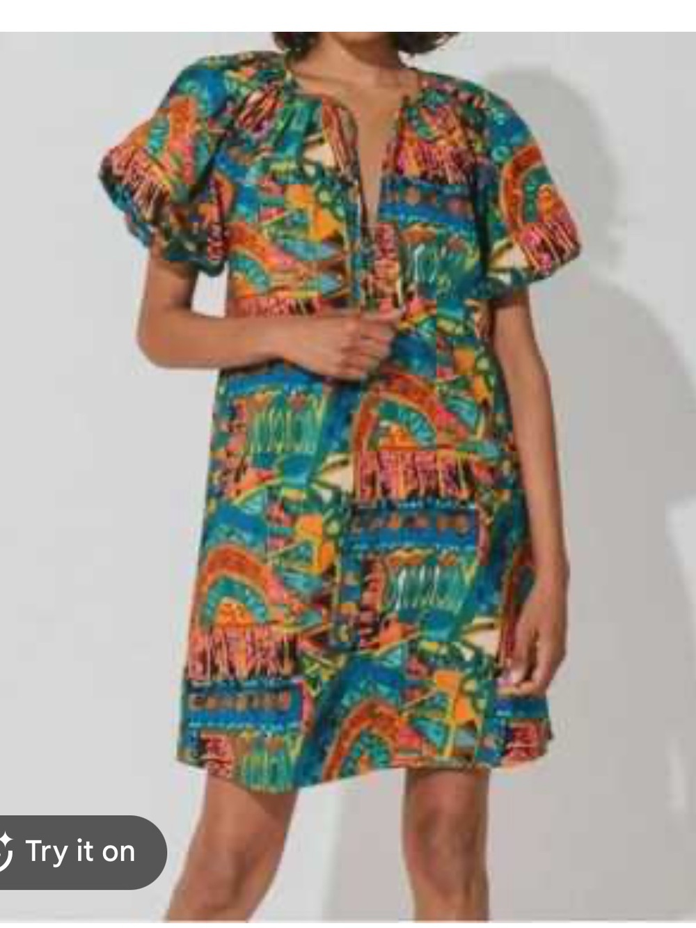 Cleobella mini dress abstract and geometric print with puff sleeves sz large